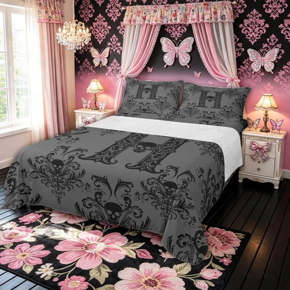 meiyoeat Gothic Skull Letter King Sheets for Boys Girls, Boho Damask Flower Bedding, Black Reversible, 1 Flat Sheet, 1 Fitted Sheet and 2 Pillowcases