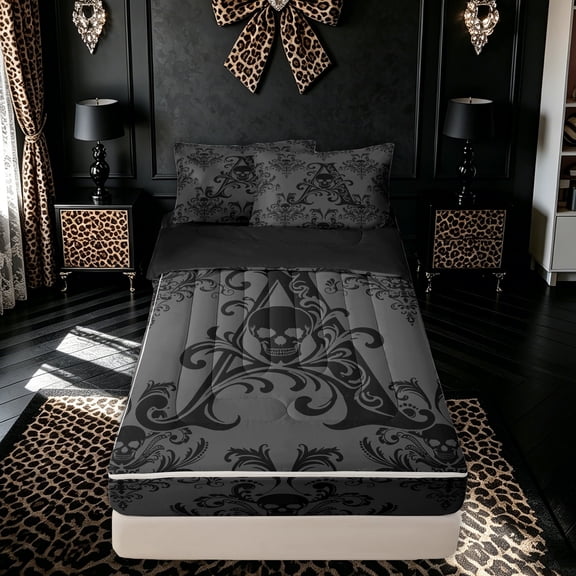 meiyoeat Gothic Skull Letter A Zipper Comforter Set with Fitted Sheet and 2 Pillowcases for Boys Girls, Boho Damask Flower Zipper Bedding Set, Black Reversible, 3 Pieces