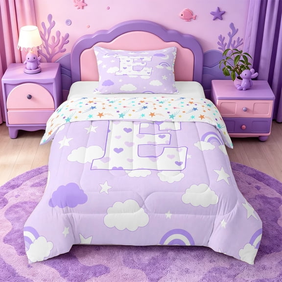 meiyoeat Purple Rainbow Initial E Twin Comforter Sets,Cute Heart Cloud Stars Pattern Bedding Set For Girl,Colorful Stars Reversible,2 Pieces,1 Comforter and 1 Pillowcase