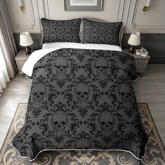 meiyoeat Gothic Skull Quilt King,Dark Damask King Coverlet Set For Adults,Gray Black,3pcs,1 Bedspread and 2 Pillowcases