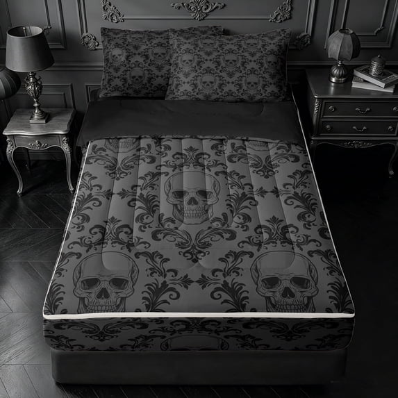 meiyoeat Gothic Skull Zipper Queen Comforter Set with Fitted Sheet and 2 Pillowcases,Dark Damask Zipper Bedding Set For Adults,Gray Black,Black Reversible,4 Pieces
