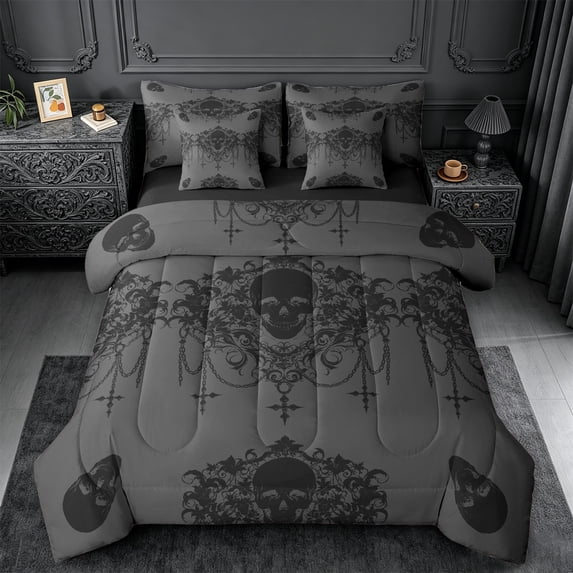 meiyoeat Gothic Spooky Skull 7-Piece Twin Bedding,Retro Damask Victorian Flowers Bedding Comforter Set, Black Gray,Black Reversible