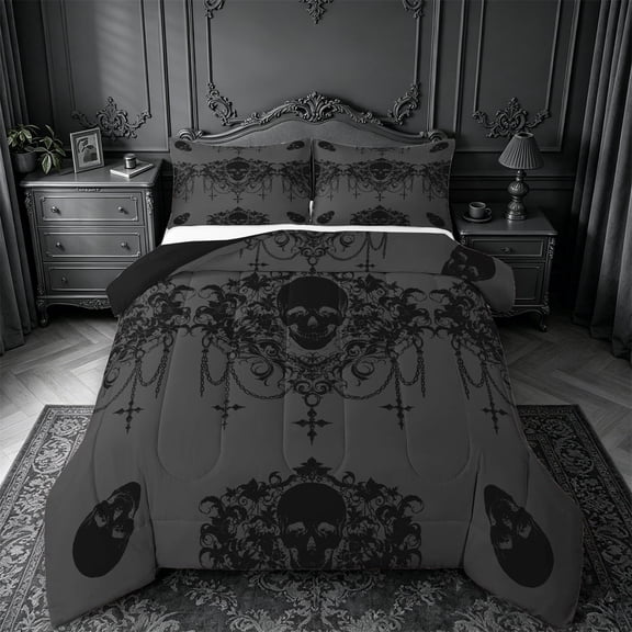 meiyoeat Gothic Spooky Skull Queen Comforter Set,Retro Damask Victorian Flowers Comforter Sets Queen, Black Gray,Black Reversible,3pcs