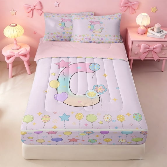 meiyoeat Gradient Balloon Monogram C Zipper Full Size Comforter Sets with Fitted Sheet and 2 Pillowcases,Pastel Rainbow Letter Design Zipper Bedding Set For Girl,Pink Reversible,4 Pieces