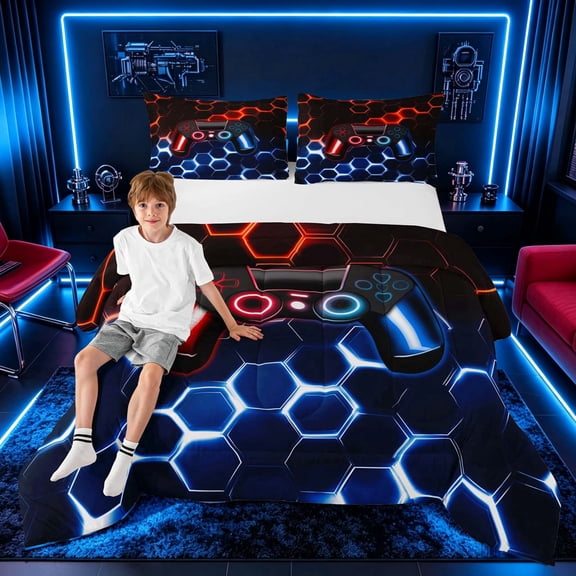 meiyoeat Gradient Gamepad Full Size Comforter Sets for Boys Gamers, Neon Honeycomb Red Blue Gaming Bedding Sets, Black Reversible 3 Pieces, 1 Comforter and 2 Pillowcases