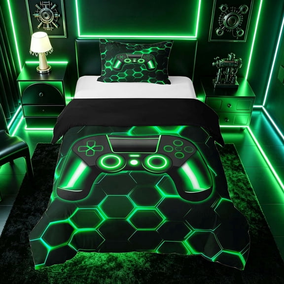 meiyoeat Gradient Gamepad Twin Bedding for Boys Gamers, Neon Honeycomb Green Gaming Duvet Cover Set, Black Reversible2 Pieces, 1 Duvet Cover and 1 Pillowcase