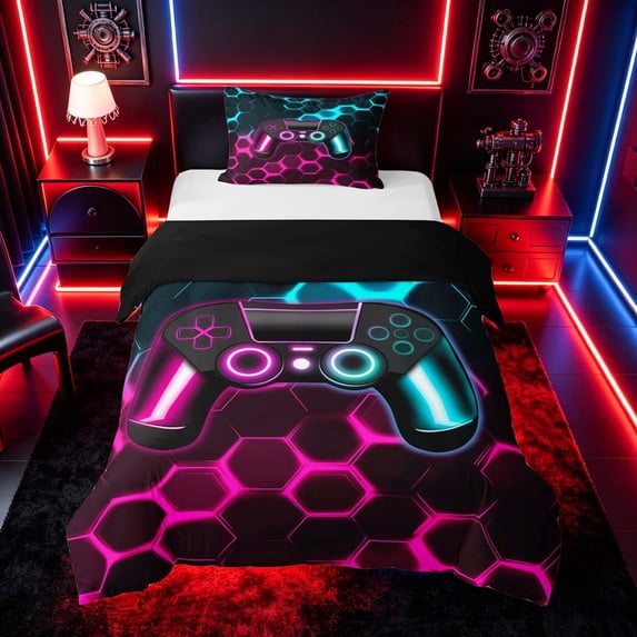meiyoeat Gradient Gamepad Twin Bedding for Boys Gamers, Neon Honeycomb Pink Cyan Gaming Duvet Cover Set, Black Reversible2 Pieces, 1 Duvet Cover and 1 Pillowcase