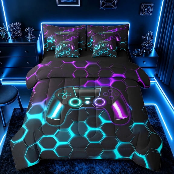 meiyoeat Gradient Gamepad Twin Bedding Sets for Boys Gamers, Neon Honeycomb Cyan Purple Gaming Bedding Comforter Set, Black Reversible 7pcs