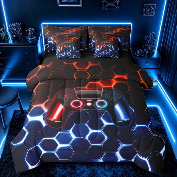 meiyoeat Gradient Gamepad Twin Bedding Sets for Boys Gamers, Neon Honeycomb Red Blue Gaming Bedding Comforter Set, Black Reversible 7-Piece