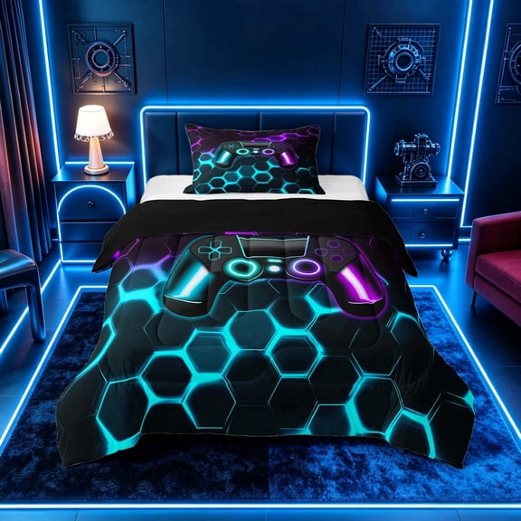 meiyoeat Gradient Gamepad Twin Comforter Sets for Boys Gamers, Neon Honeycomb Cyan Purple Gaming Bedding Set, Black Reversible 2pcs, 1 Comforter and 1 Pillowcase