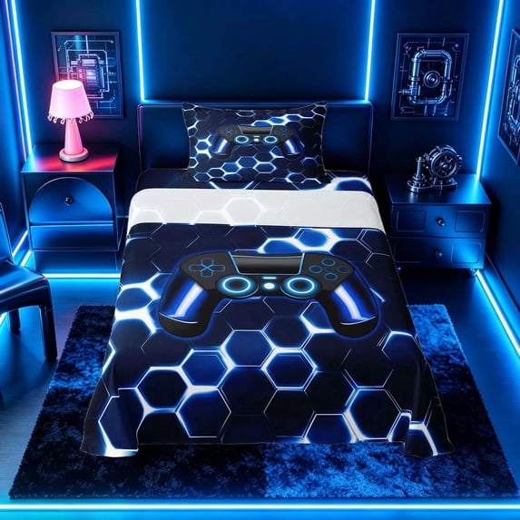 meiyoeat Gradient Gamepad Twin Sheet Sets for Boys Gamers, Neon Honeycomb Blue Gaming Bedding, 3 Pieces, 1 Flat Sheet, 1 Fitted Sheet and 1 Pillowcase