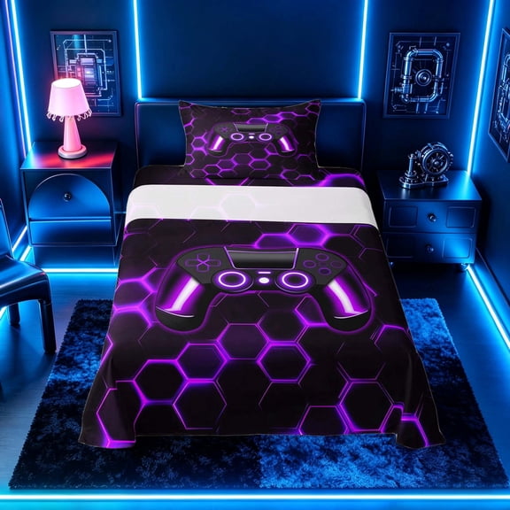 meiyoeat Gradient Gamepad Twin Sheet Sets for Boys Gamers, Neon Honeycomb Purple Gaming Bedding, 3-Piece, 1 Flat Sheet, 1 Fitted Sheet and 1 Pillowcase