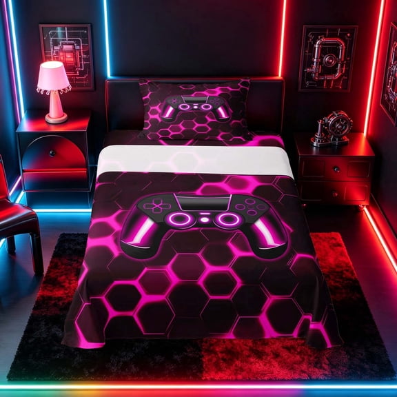 meiyoeat Gradient Gamepad Twin Sheet Sets for Boys Gamers, Neon Honeycomb Pink Gaming Bedding, 3-Piece, 1 Flat Sheet, 1 Fitted Sheet and 1 Pillowcase