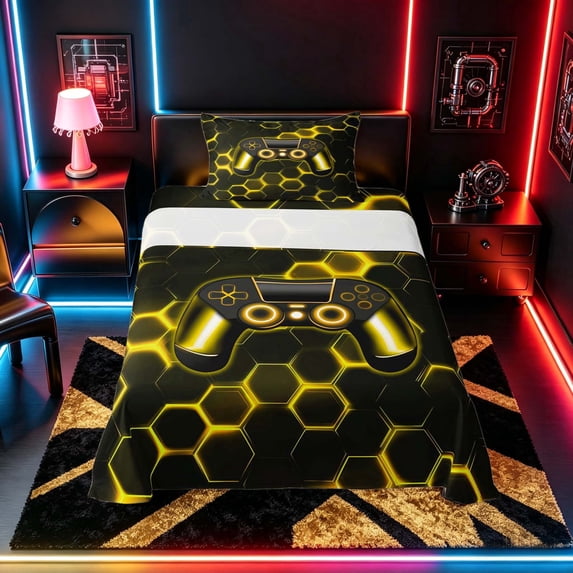 meiyoeat Gradient Gamepad Twin Sheet Sets for Boys Gamers, Neon Honeycomb Yellow Gaming Bedding, 3pcs, 1 Flat Sheet, 1 Fitted Sheet and 1 Pillowcase
