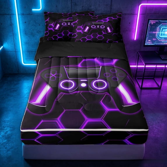 meiyoeat Gradient Gamepad Zipper Twin Comforter Sets with Fitted Sheet and 2 Pillowcases for Boys Gamers, Neon Honeycomb Purple Gaming Zipper Bedding Set, Black Reversible