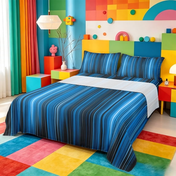 meiyoeat Gradient Lines Texture Queen Sheets,Neon Blue Black Queen Sheet Sets,4Pcs,1 Flat Sheet,1 Fitted Sheet And 2 Pillowcases