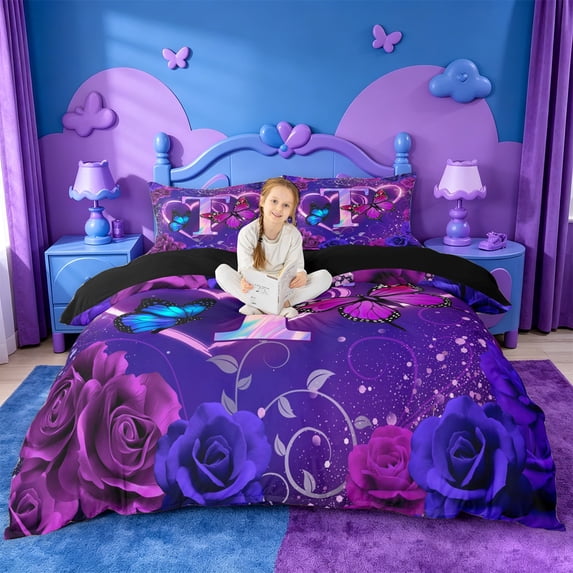 meiyoeat Gradient Neon Initial T Bedding,Rustic Plant Floral Duvet Cover Full For Girl,Black Reversible,3pcs,1 Duvet Cover and 2 Pillowcases
