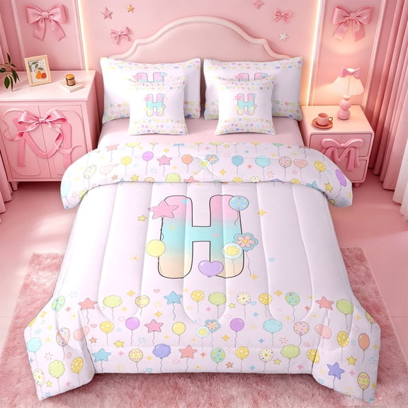 meiyoeat Gradient Personalized Monogram 7-Piece Twin Bedding,Balloon Rainbow Alphabet Initial Art Bedding Comforter Set For Girl,Pink Reversible