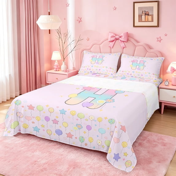 meiyoeat Gradient Personalized Monogram Bed Sheets,Balloon Rainbow Alphabet Initial Art Full Size Sheets For Girl,4-Piece,1 Flat Sheet,1 Fitted Sheet and 2 Pillowcases