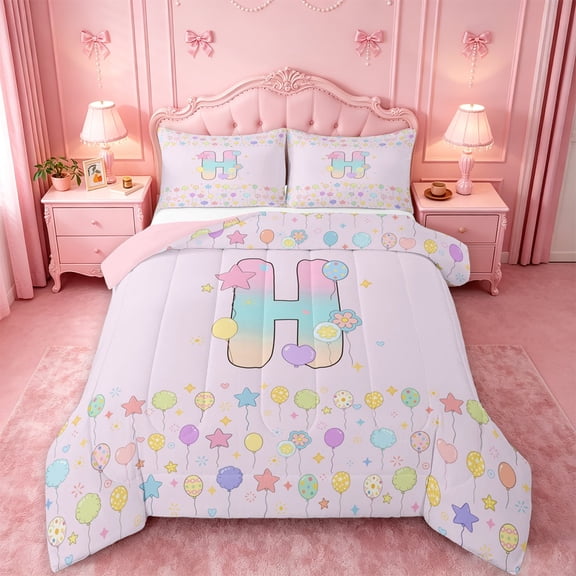 meiyoeat Gradient Personalized Monogram Full Size Comforter Sets,Balloon Rainbow Alphabet Initial Art Bedding Comforter Set For Girl,Pink Reversible,3-Piece,1 Comforter and 2 Pillowcases