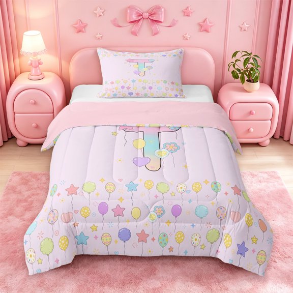meiyoeat Gradient Personalized Monogram T Twin Comforter Sets,Balloon Rainbow Alphabet Initial Art Bedding Set For Girl,Pink Reversible,2 Pieces,1 Comforter and 1 Pillowcase