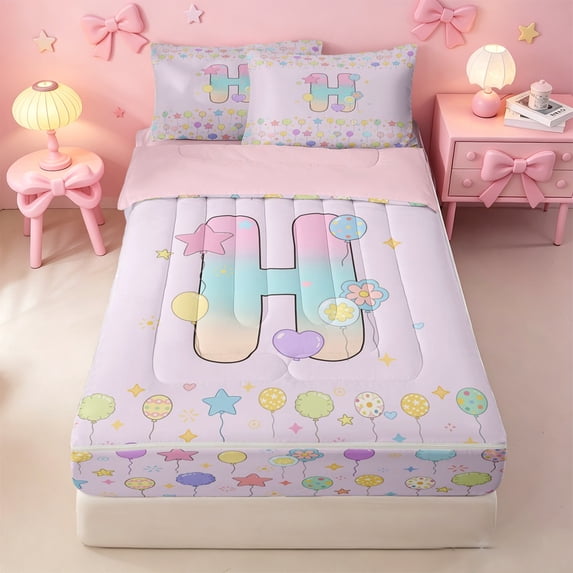 meiyoeat Gradient Personalized Monogram Zipper Twin Comforter Sets with Fitted Sheet and 2 Pillowcases,Balloon Rainbow Alphabet Initial Art Zipper Bedding Set For Girl,Pink Reversible,4 Pieces