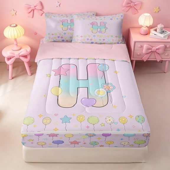 meiyoeat Gradient Personalized Monogram Zipper Twin Comforter Sets with Fitted Sheet and 2 Pillowcases,Balloon Rainbow Alphabet Initial Art Zipper Bedding Set For Girl,Pink Reversible,4 Pieces