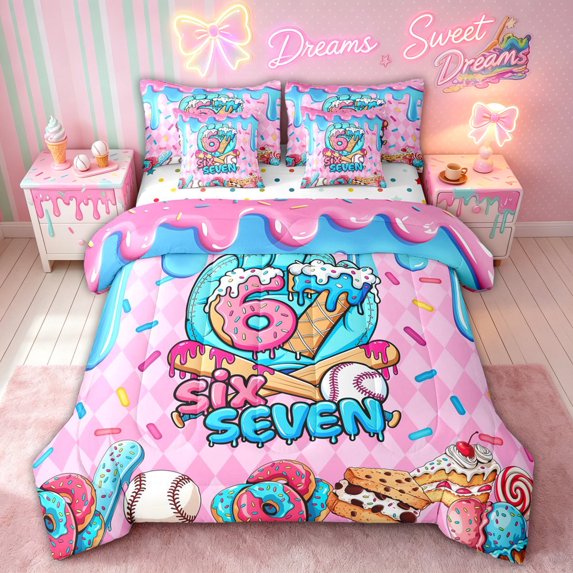 meiyoeat Graffiti 67 Number Baseball Twin Bedding for Girls, Sprinkle Dessert Drip Bedding Comforter Set, Polkadot Reversible, 7 Pieces