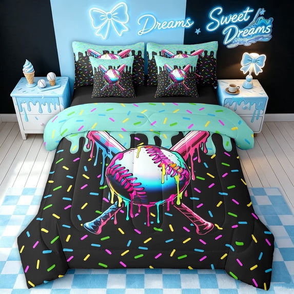 meiyoeat Graffiti Baseball Twin Bedding for Boys, Ice Cream Drip Bat Bedding Comforter Set, Black Blue, Black Reversible, 7 Pieces
