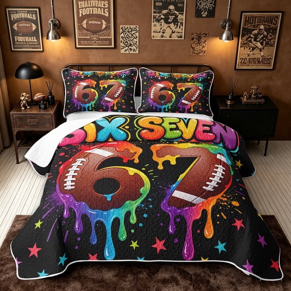 meiyoeat Graffiti Dripping Football Twin Quilt Set for Boys, Rainbow 67 Number Stars Twin Coverlet Set, 2 Pieces, 1 Comforter and 1 Pillowcase