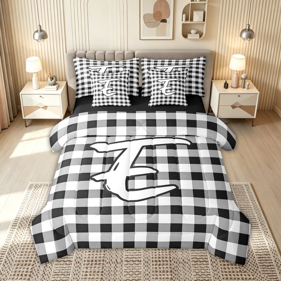 meiyoeat Graffiti Letter E Twin Bedding for Boys, Checkered Grid Bedding Comforter Set, Black White, Black Reversible, 7pcs