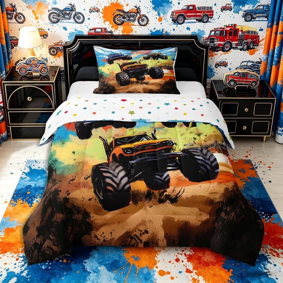 meiyoeat Graffiti Monster Truck Twin Comforter Sets 2pcs,Checkered Race Flag Bedding Set,orange green,Reversible,1 Comforter and 1 Pillowcase