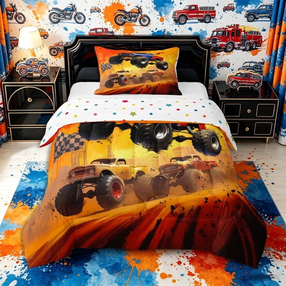 meiyoeat Graffiti Monster Truck Twin Comforter Sets 2pcs for Teens,Off-Road Racing Bedding Set for Bedroom,Fiery Orange Red,Reversible,1 Comforter and 1 Pillowcase