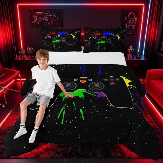 meiyoeat Graffiti Splash Game Controller Full Size Comforter Sets for Boys Teens Gamers, Colorful Graffiti Gaming Console Bedding Sets, Gamepad Reversible 3-Piece, 1 Comforter and 2 Pillowcases