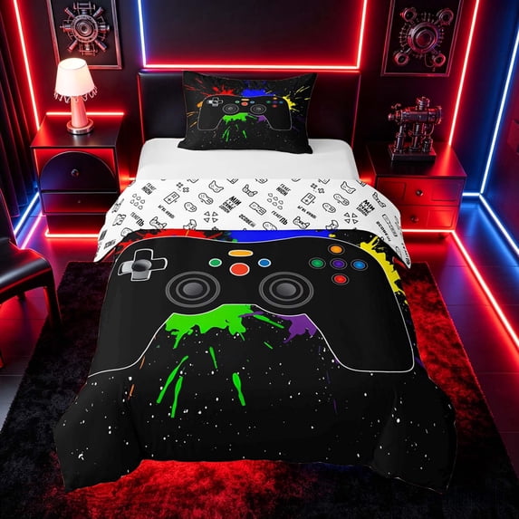 meiyoeat Graffiti Splash Game Controller Twin Bedding for Boys Teens Gamers, Colorful Graffiti Gaming Console Duvet Cover Set, Gamepad Reversible 2pcs, 1 Duvet Cover and 1 Pillowcase