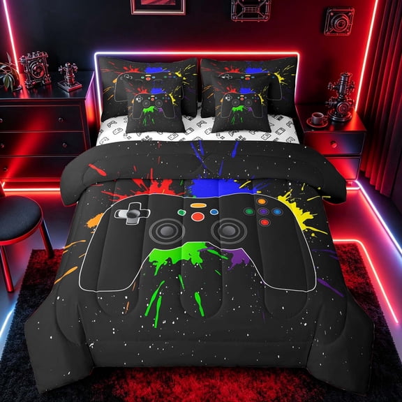 meiyoeat Graffiti Splash Game Controller Twin Bedding Sets for Boys Teens Gamers, Colorful Graffiti Gaming Console Bedding Comforter Set, Gamepad Reversible 7pcs