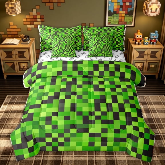 meiyoeat Green Black Pixel Twin Bedding for Kids Boys, Block Grid Bedding Comforter Set for Bedroom, Gamepad Reversible, 7 Pieces