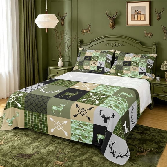 meiyoeat Green Camo Deer Silhouette Queen Sheets For Kids,Vintage Farmhouse Camouflage Hunting Queen Sheet Sets,4pcs