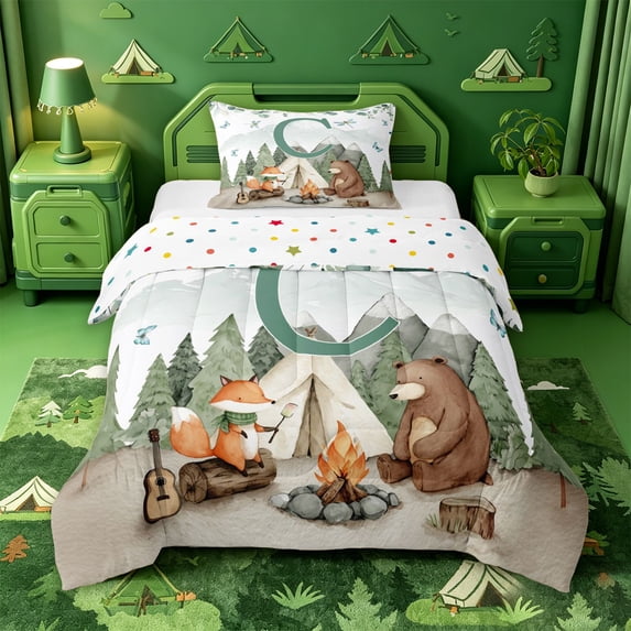meiyoeat Green Letter C Monogrammed Twin Comforter Sets For Boys,Rustic Animal Fox Bear Bedding Set,Polkadot Reversible,2pcs,1 Comforter and 1 Pillowcase