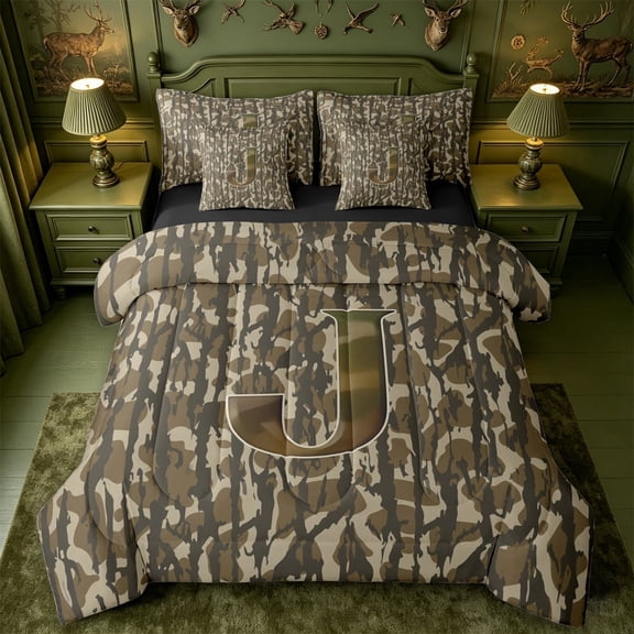 meiyoeat Green Letter Camo 7pcs Queen Bedding For Boys,Kids Personalized Monogrammed J Bedding Comforter Set Queen,Black Reversible