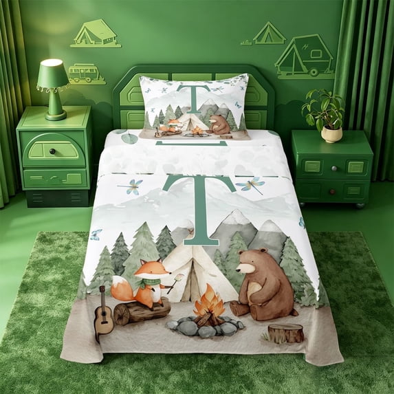 meiyoeat Green Monogram T Twin Sheets For Boys,Happy Camping Outdoor Adventure Bedding,3 Pieces,1 Fitted Sheet and 1 Pillowcase