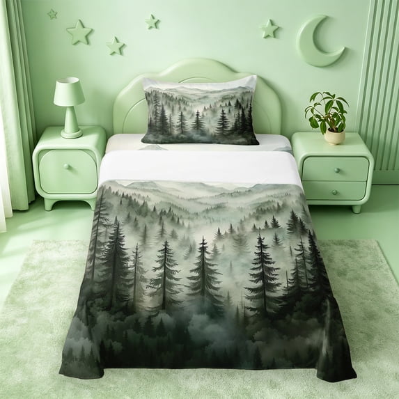 meiyoeat Green Pine Green Twin Sheets For Girls,Nature Scenery Bedding For Adults,3-Piece