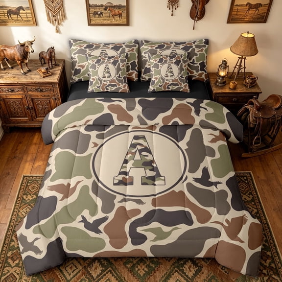 meiyoeat Green Rustic Camo Letter A Twin Bedding for Men Boys, Wildlife Duck Print Bedding Comforter Set, Black Reversible, 7-Piece