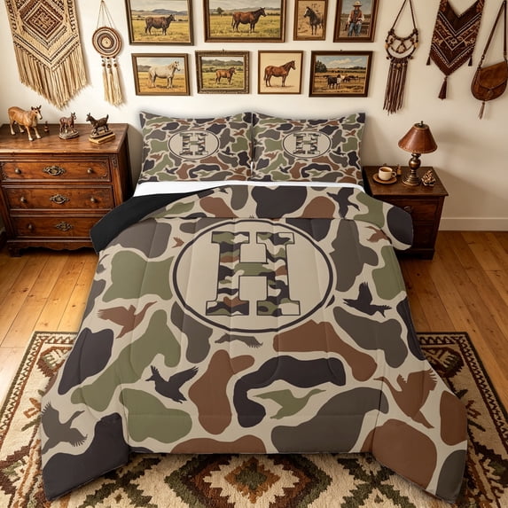 meiyoeat Green Rustic Camo Letter Full Size Comforter Sets for Men Boys, Wildlife Duck Print Bedding Comforter Set, Black Reversible, 3pcs, 1 Comforter and 2 Pillowcases