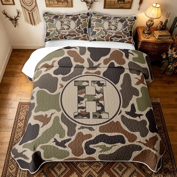 meiyoeat Green Rustic Camo Letter Twin Quilt Set for Men Boys, Wildlife Duck Print Twin Coverlet Set, 2pcs, 1 Comforter and 1 Pillowcase