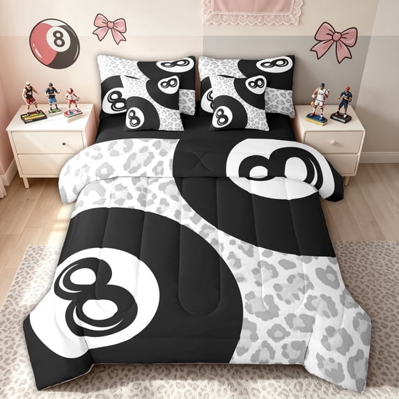 meiyoeat Grey Leopard Print Ball Full Size Bedding Sets for Girls, Lucky Billiards 8 Print Full Size Bed in a Bag, Black Reversible, 7pcs
