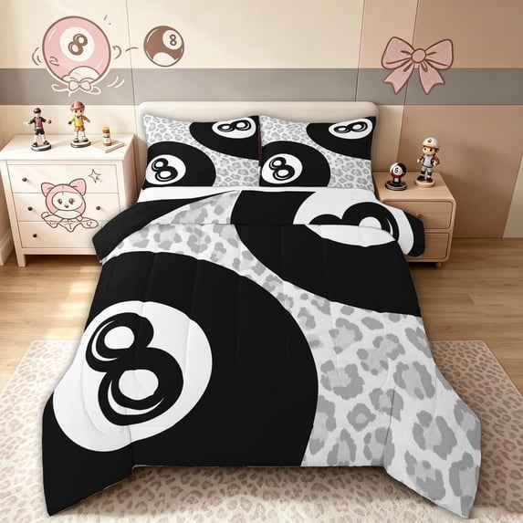 meiyoeat Grey Leopard Print Ball Full Size Comforter Sets for Girls, Lucky Billiards 8 Print Bedding Comforter Set, Black Reversible, 3pcs, 1 Comforter and 2 Pillowcases