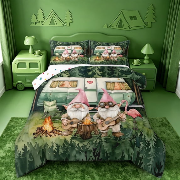 meiyoeat Happy Camping Full Size Comforter Sets,Girls,Cute Gnome Camper Print Bedding Comforter Set For Girl,Polkadot Reversible,3-Piece,1 Comforter and 2 Pillowcases