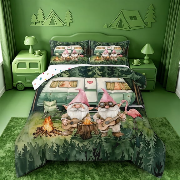 meiyoeat Happy Camping Full Size Comforter Sets,Girls,Cute Gnome Camper Print Bedding Comforter Set For Girl,Polkadot Reversible,3-Piece,1 Comforter and 2 Pillowcases