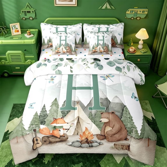 meiyoeat Happy Camping Letter Print 7-Piece Twin Bedding For Boys,Travel Adventure Camper Bedding Comforter Set,Polkadot Reversible